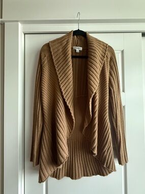 dressbarn Camel Ribbed Open-Front Shawl Collar Cardigan